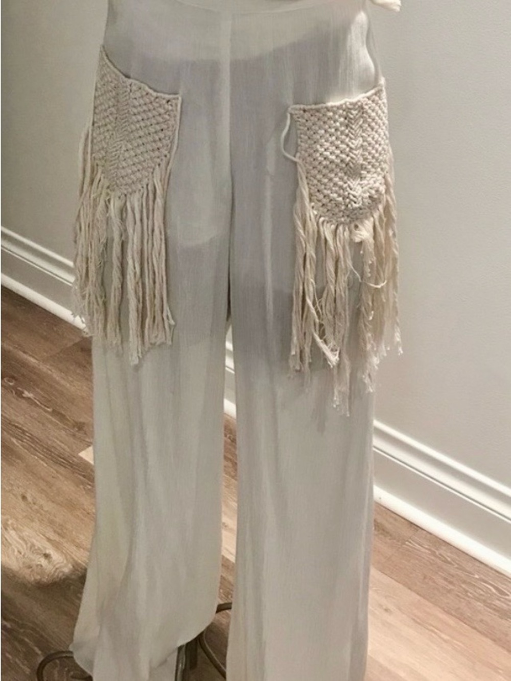 Cream Wide-Leg Pants with Macramé Fringe Pockets